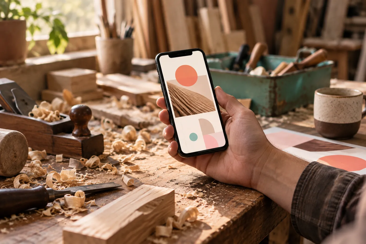 Agence web à Arras : artisan consultant son site internet sur smartphone dans son atelier