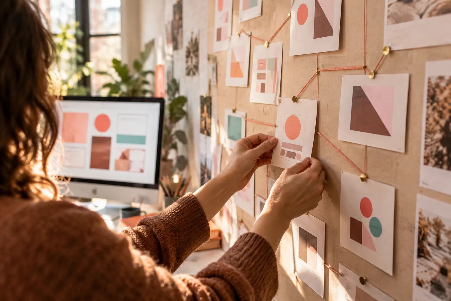 Arborescence du cahier des charges d’un site web construite avec des fiches sur un mur de bureau