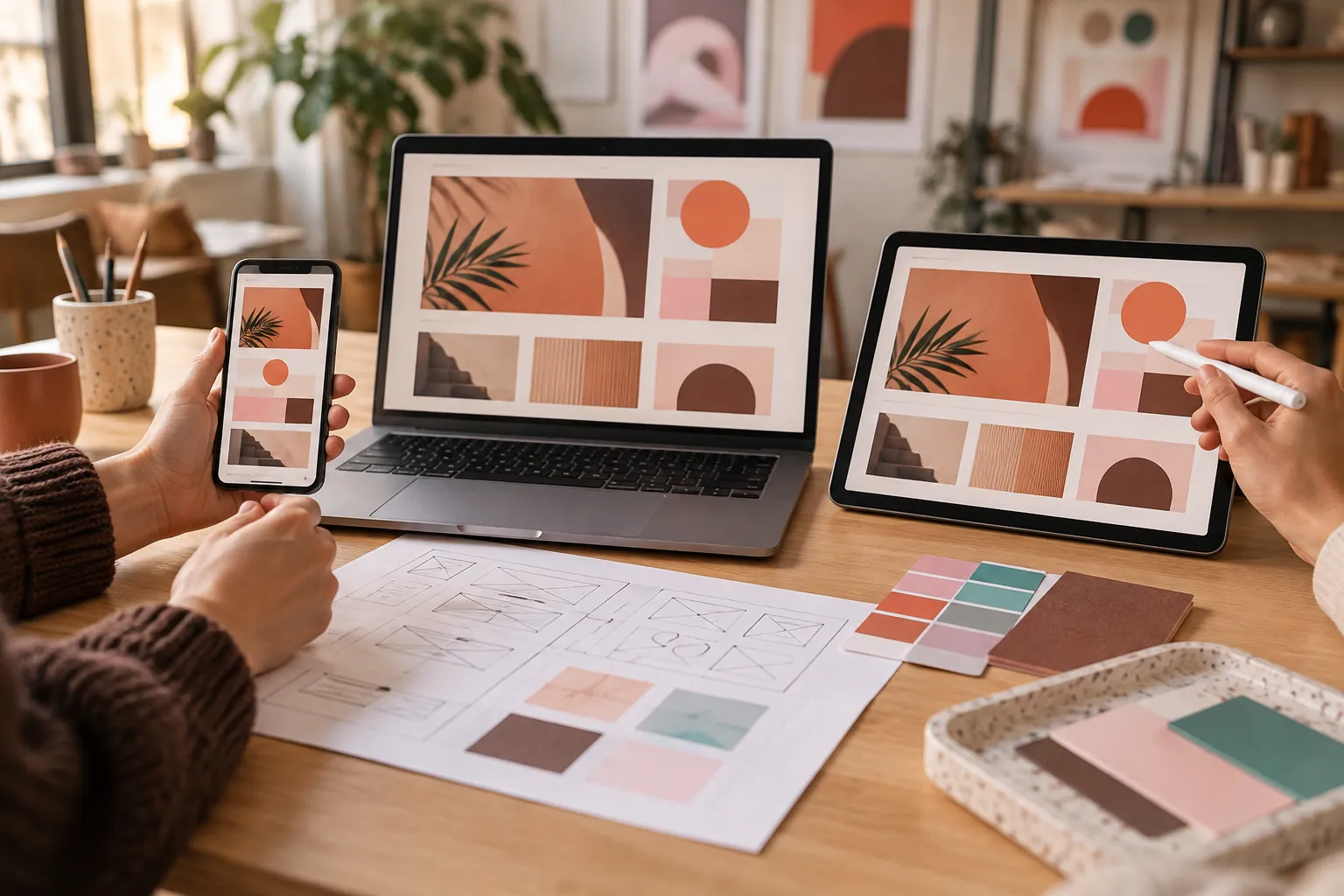 Création de site internet à Arras : maquette de site responsive affichée sur ordinateur et smartphone dans un bureau lumineux