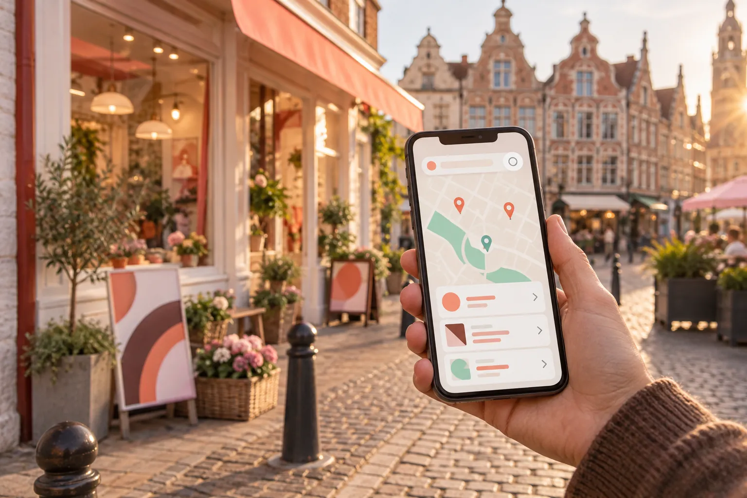 Référencement local d’un commerce à Arras consulté sur smartphone devant des façades flamandes