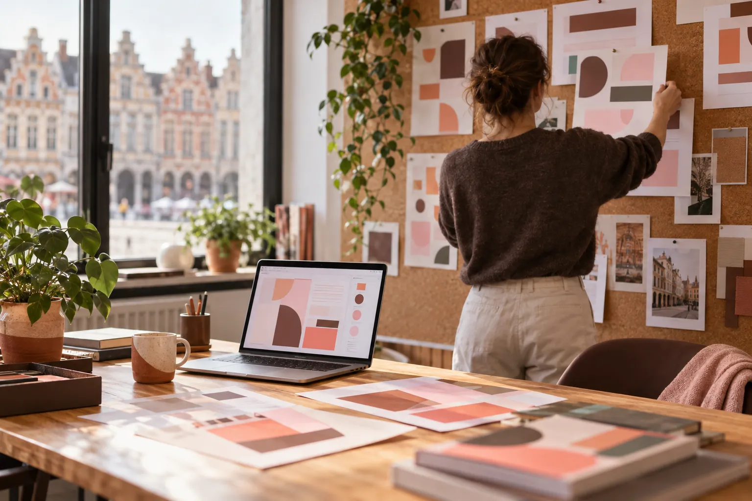 Refonte de site internet : maquettes de pages épinglées au mur pendant la phase de conception