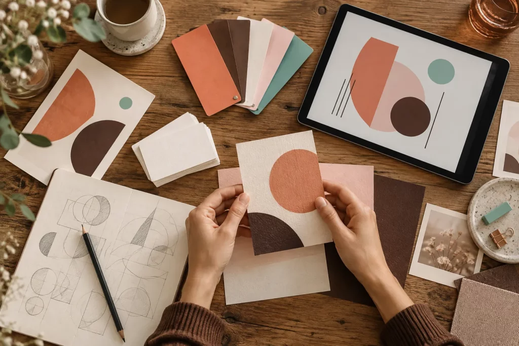 Planche d’identité visuelle d’entreprise avec logo, nuancier de couleurs et typographies