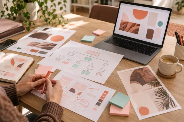 Dirigeant annotant le cahier des charges d’un site web sur un bureau avec maquettes imprimées
