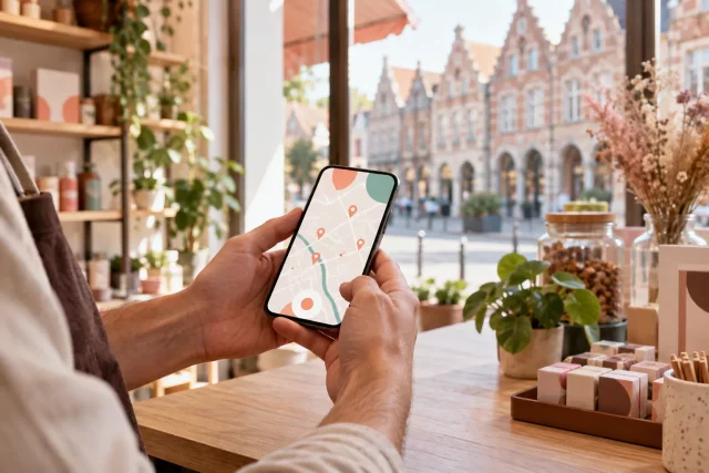 Commerçant mettant à jour sa fiche Google Business Profile sur smartphone dans sa boutique