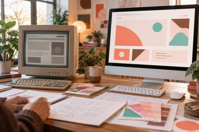 Refonte de site internet : maquettes d’une ancienne et d’une nouvelle version d’un site comparées sur un bureau