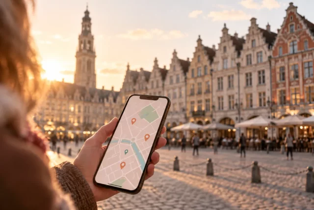 Référencement local à Arras : smartphone affichant une carte de recherche locale devant les façades flamandes de la Grand’Place