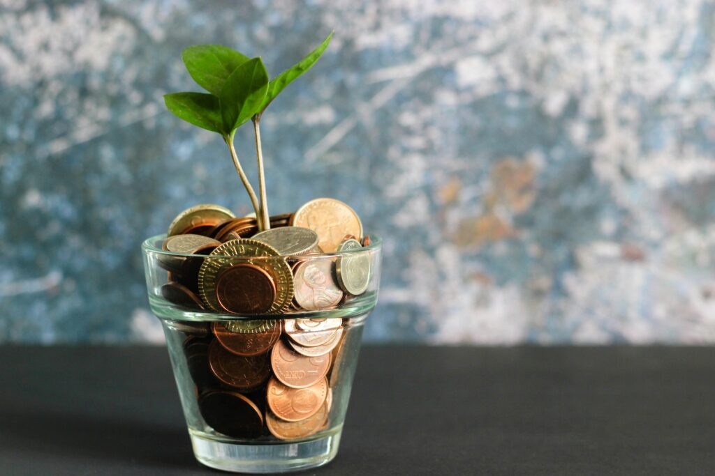plante verte dans un vase en verre transparent contenant des pièces de monnaie